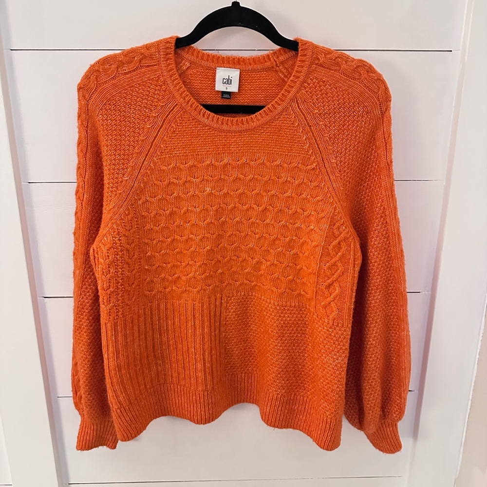 CABI #4038 Harvest cable knit hunter orange cotton woman balloon sleeve sweater - Picture 4 of 15